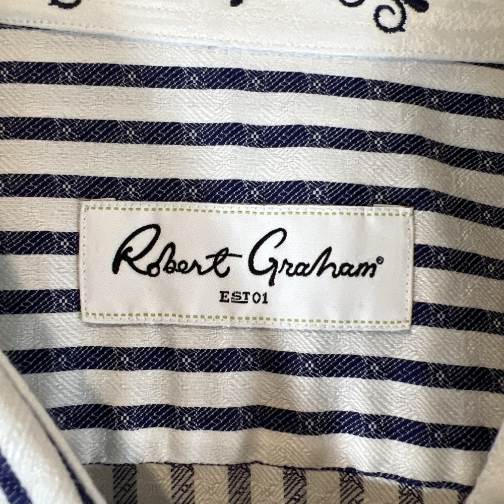 Robert Graham Button Down Shirt Mens 2XL Blue White Striped Jacquard Long Sleeve - Picture 5 of 12